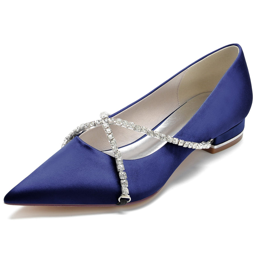 Damen Seidensatin mit geschlossener Spitze Strass Flacher Absatz Hochzeitsschuhe