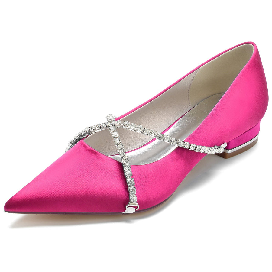Damen Seidensatin mit geschlossener Spitze Strass Flacher Absatz Hochzeitsschuhe