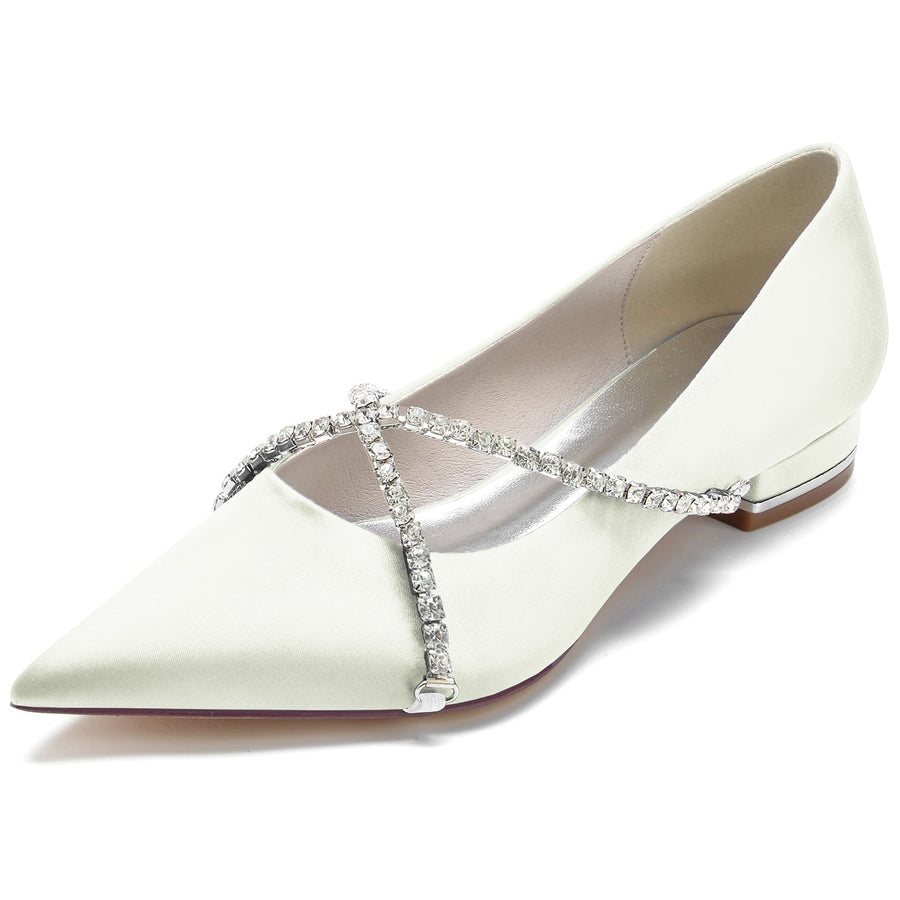 Damen Seidensatin mit geschlossener Spitze Strass Flacher Absatz Hochzeitsschuhe