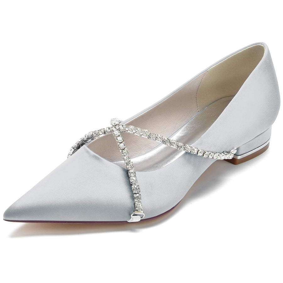 Damen Seidensatin mit geschlossener Spitze Strass Flacher Absatz Hochzeitsschuhe