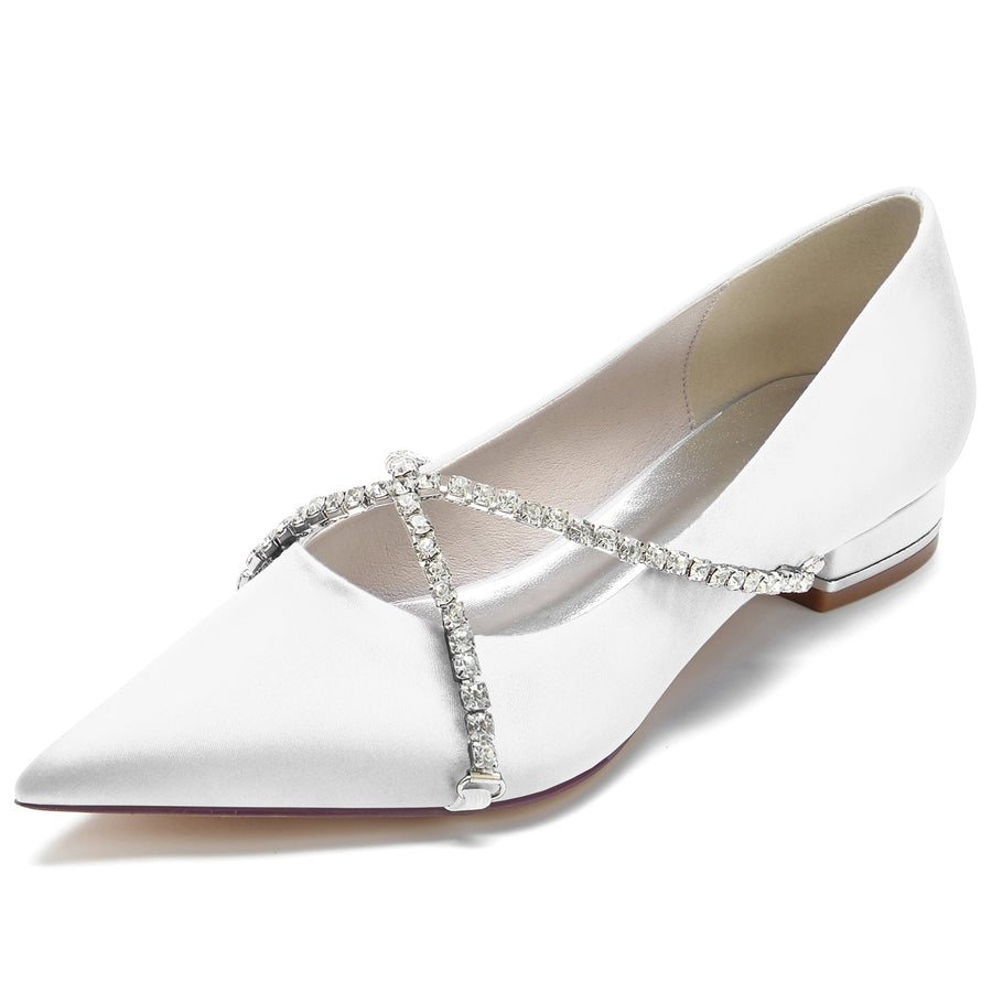 Damen Seidensatin mit geschlossener Spitze Strass Flacher Absatz Hochzeitsschuhe