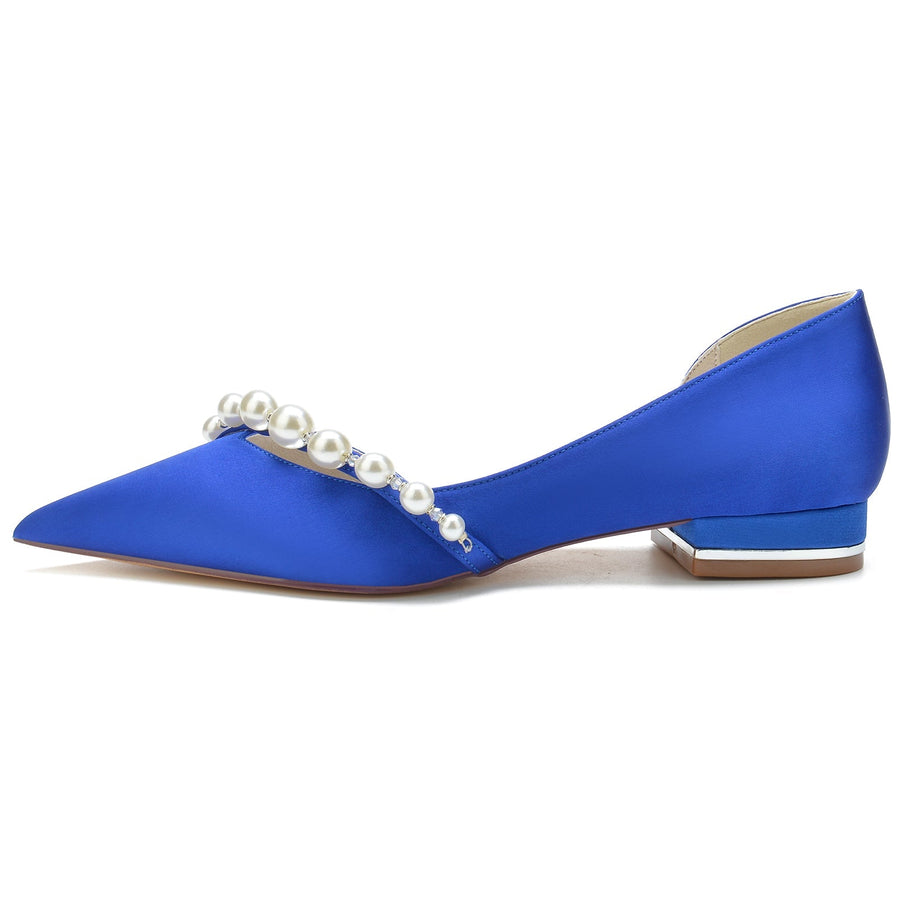 Damen Seidensatin mit Perle Geschlossene Zehe Flacher Absatz Hochzeitsschuhe