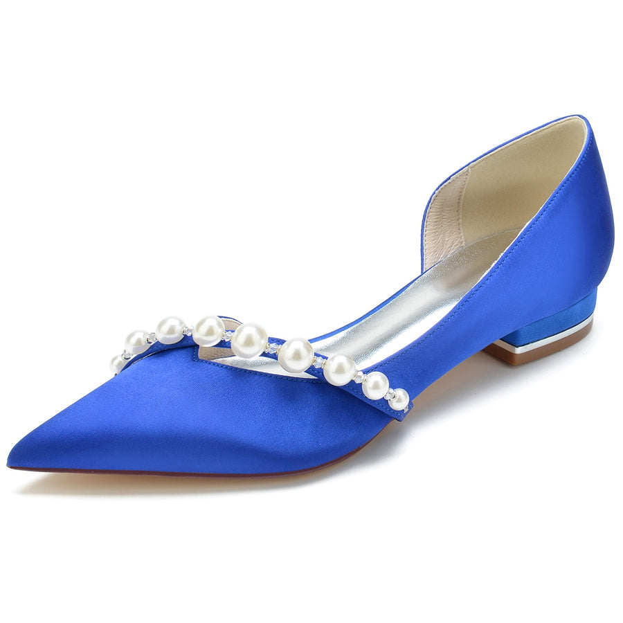 Damen Seidensatin mit Perle Geschlossene Zehe Flacher Absatz Hochzeitsschuhe