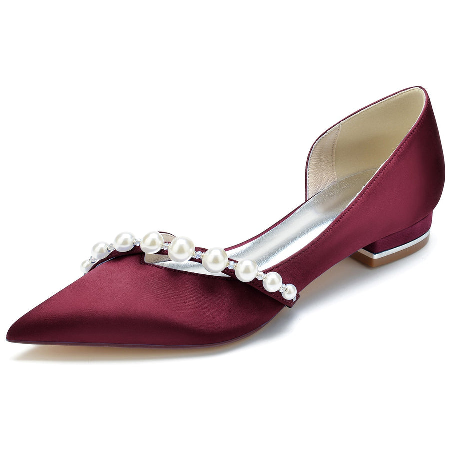 Damen Seidensatin mit Perle Geschlossene Zehe Flacher Absatz Hochzeitsschuhe