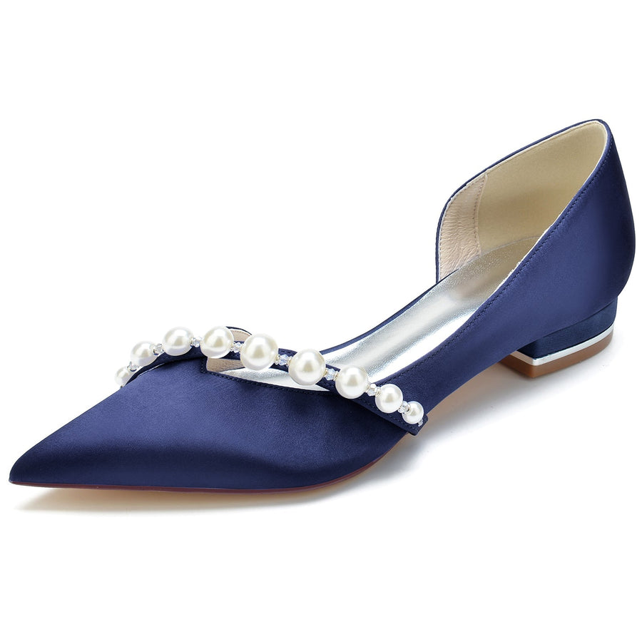 Damen Seidensatin mit Perle Geschlossene Zehe Flacher Absatz Hochzeitsschuhe