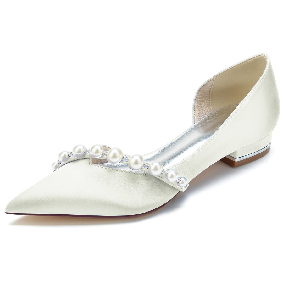 Damen Seidensatin mit Perle Geschlossene Zehe Flacher Absatz Hochzeitsschuhe