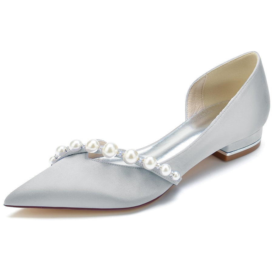 Damen Seidensatin mit Perle Geschlossene Zehe Flacher Absatz Hochzeitsschuhe