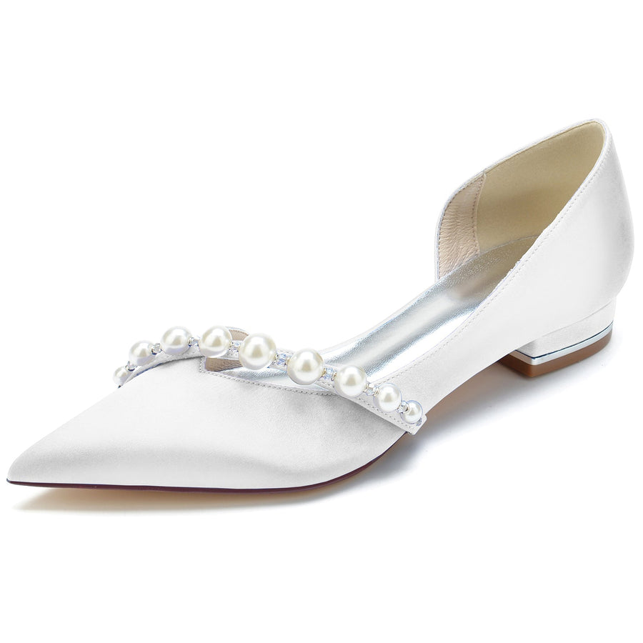 Damen Seidensatin mit Perle Geschlossene Zehe Flacher Absatz Hochzeitsschuhe