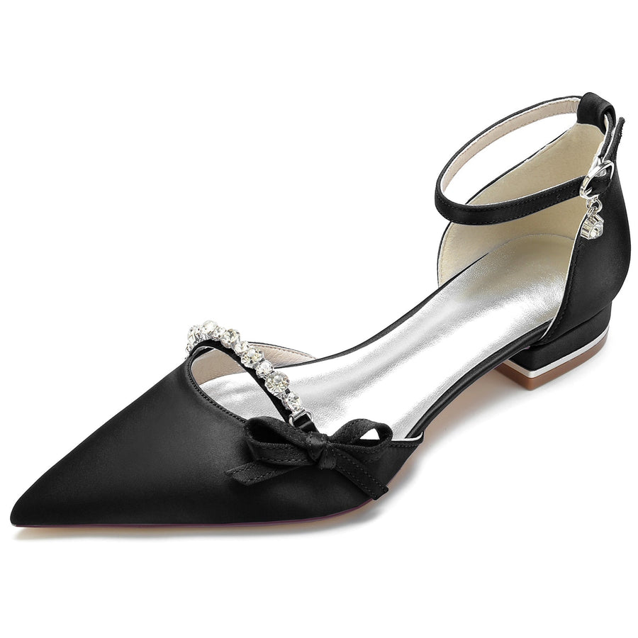 Damen Seidensatin mit flachem Absatz Knöchelriemen Strass Geschlossene Zehen Partyschuhe