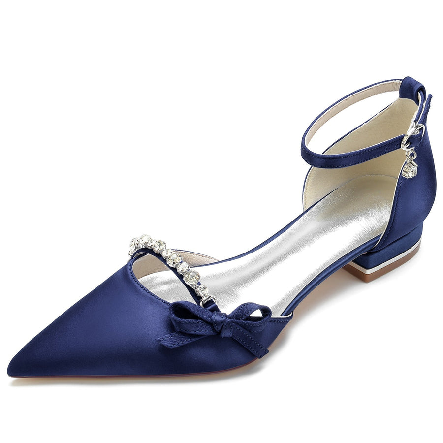 Damen Seidensatin mit flachem Absatz Knöchelriemen Strass Geschlossene Zehen Partyschuhe