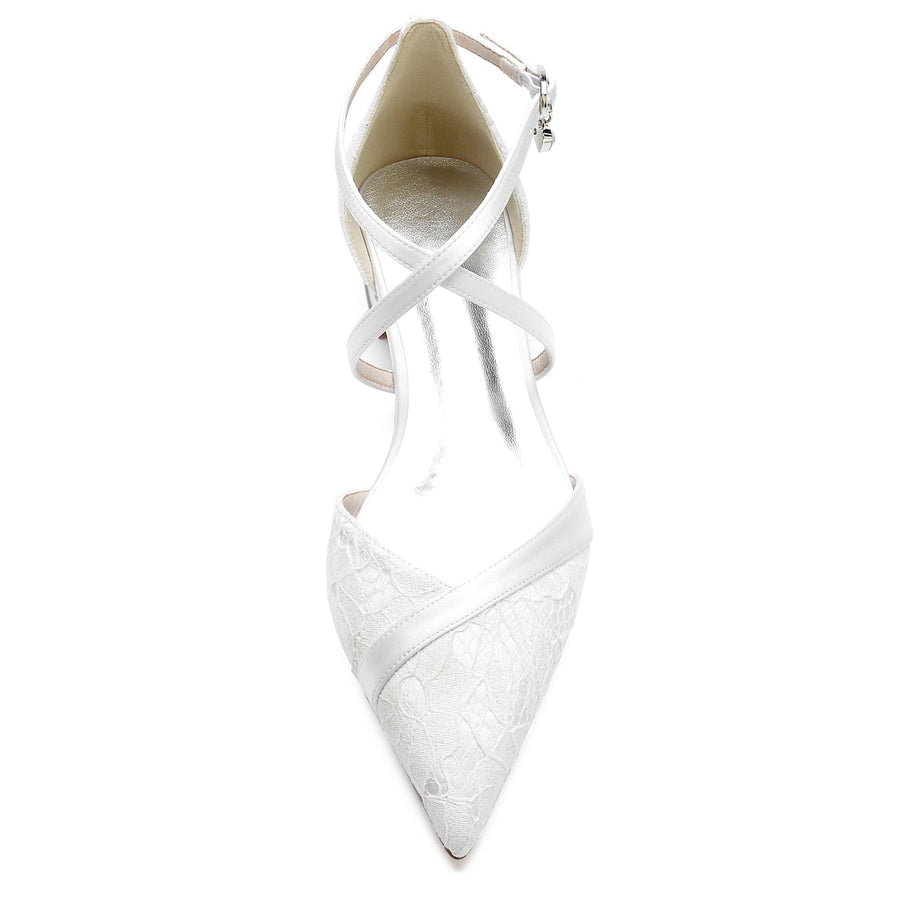Damen Seidensatin Knöchelriemen mit Spitze Geschlossene Zehenpartie Flacher Absatz Partyschuhe