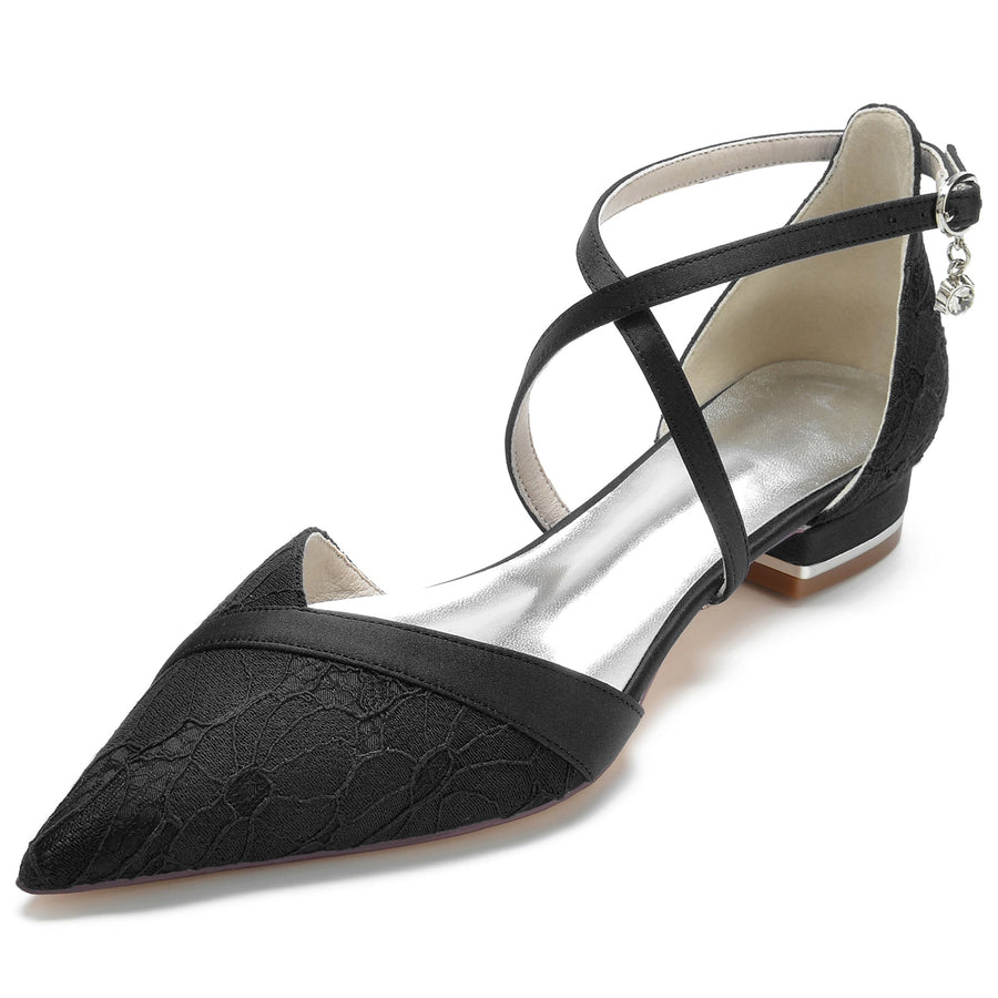 Damen Seidensatin Knöchelriemen mit Spitze Geschlossene Zehenpartie Flacher Absatz Partyschuhe