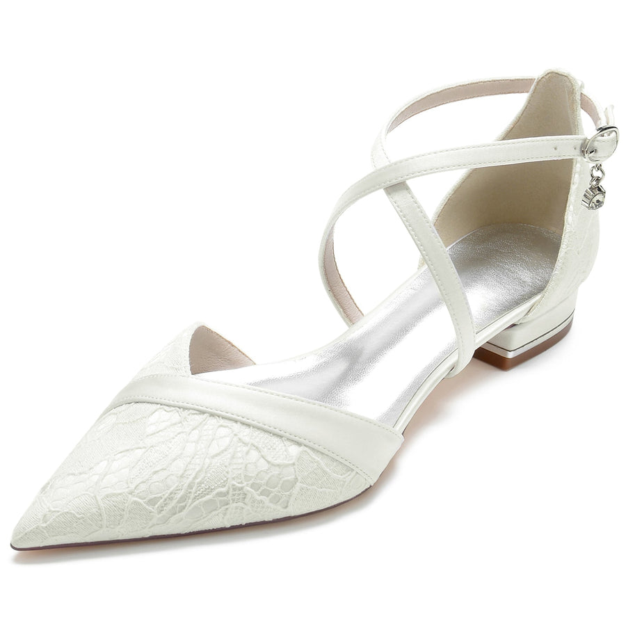 Damen Seidensatin Knöchelriemen mit Spitze Geschlossene Zehenpartie Flacher Absatz Partyschuhe