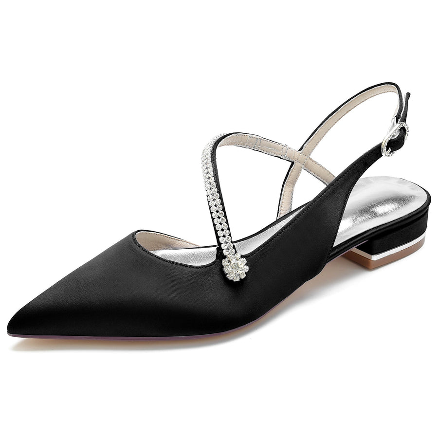 Damen Seidensatin mit Knöchelriemen Geschlossene Zehenpartie Strass Flacher Absatz Abendschuhe
