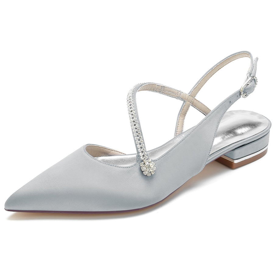 Damen Seidensatin mit Knöchelriemen Geschlossene Zehenpartie Strass Flacher Absatz Abendschuhe