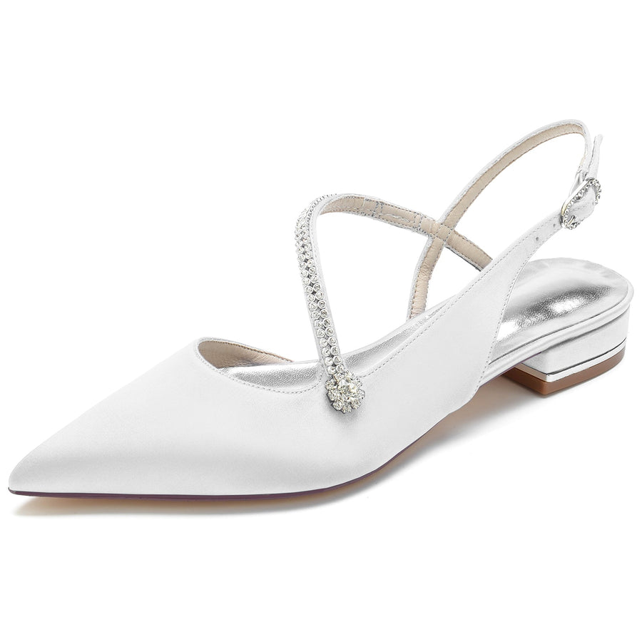 Damen Seidensatin mit Knöchelriemen Geschlossene Zehenpartie Strass Flacher Absatz Abendschuhe