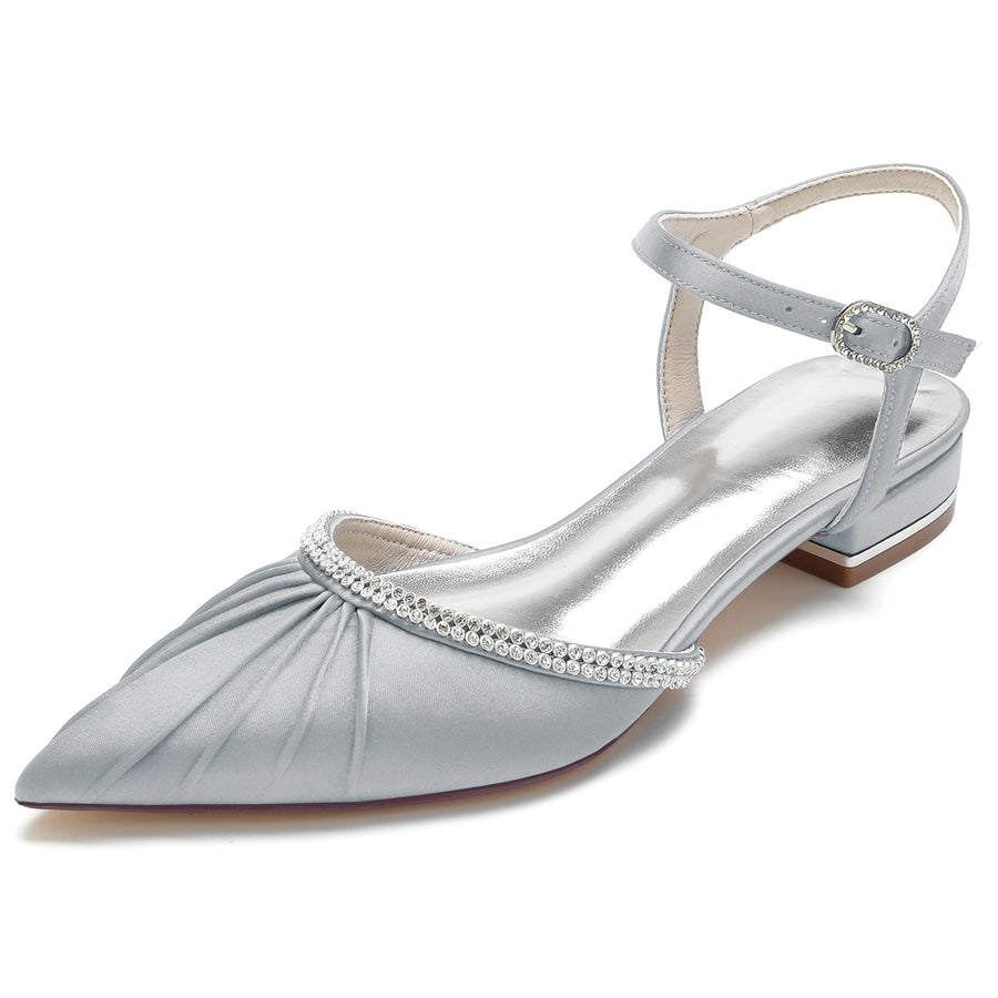 Damen Seidensatin mit geschlossener Spitze Knöchelriemen Strass Flacher Absatz Hochzeitsschuhe