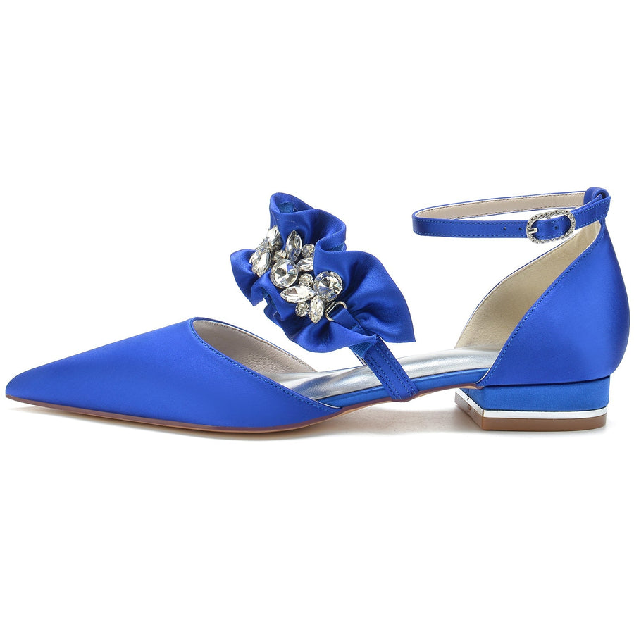 Damen Seidensatin mit Strass Knöchelriemen Geschlossene Zehenpartie Flacher Absatz Partyschuhe