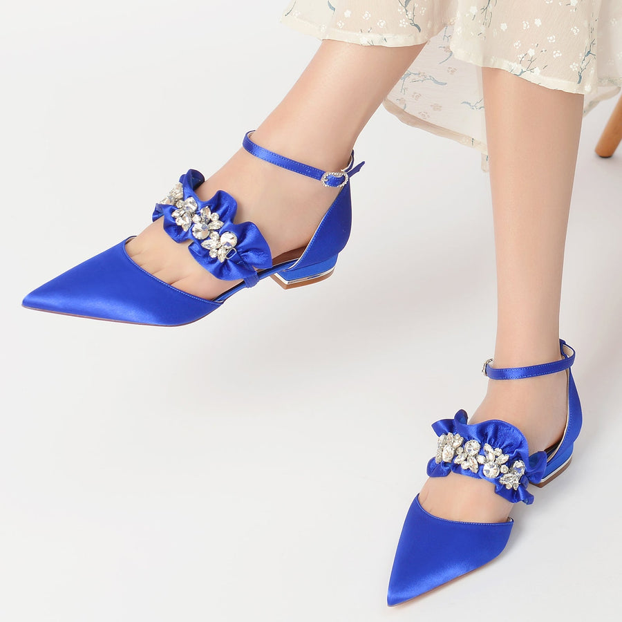 Damen Seidensatin mit Strass Knöchelriemen Geschlossene Zehenpartie Flacher Absatz Partyschuhe