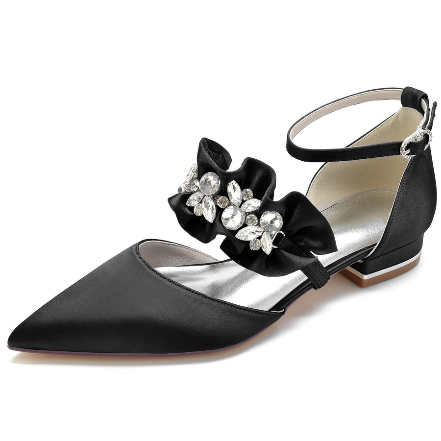 Damen Seidensatin mit Strass Knöchelriemen Geschlossene Zehenpartie Flacher Absatz Partyschuhe