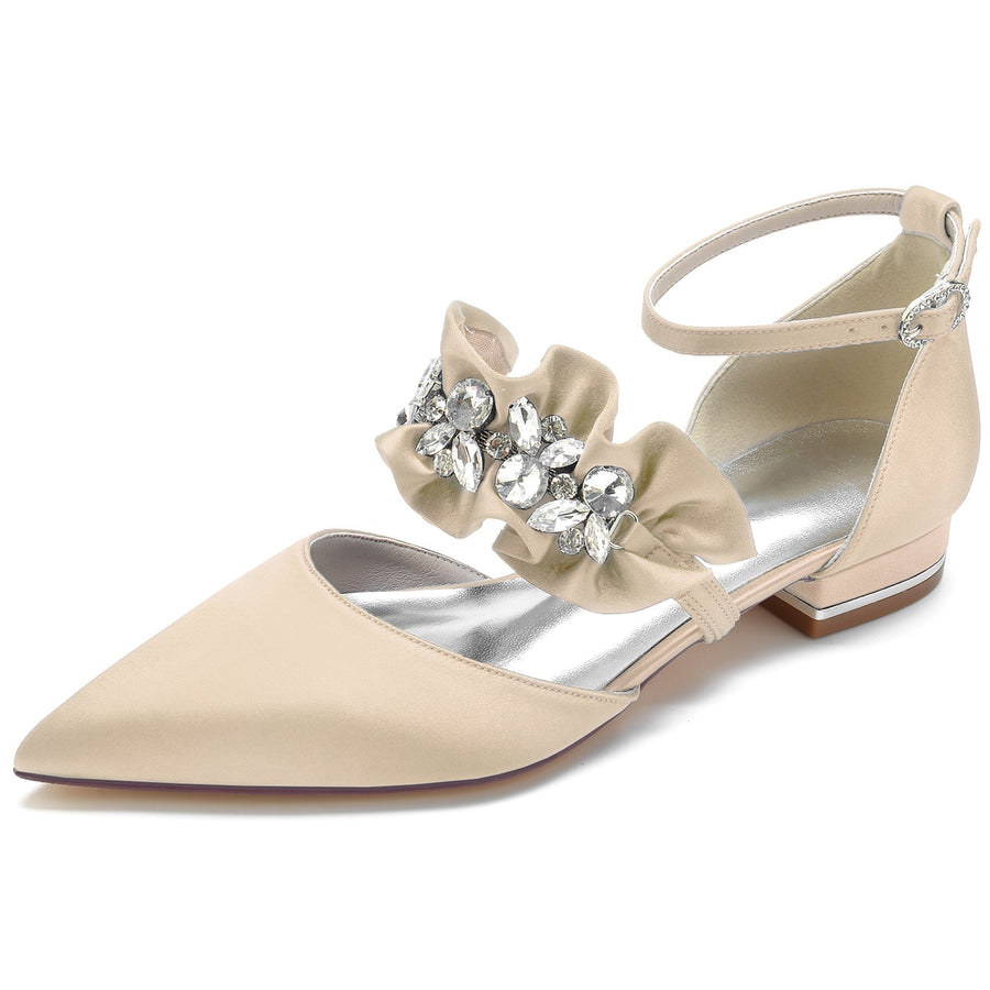 Damen Seidensatin mit Strass Knöchelriemen Geschlossene Zehenpartie Flacher Absatz Partyschuhe