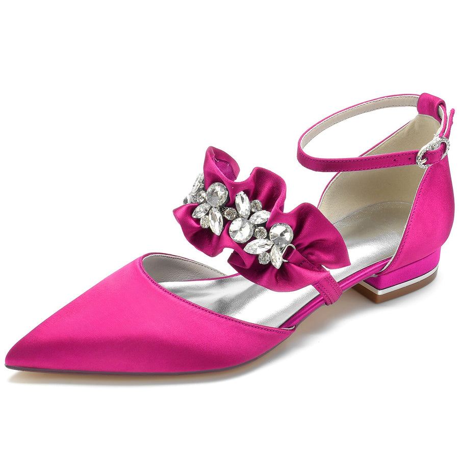 Damen Seidensatin mit Strass Knöchelriemen Geschlossene Zehenpartie Flacher Absatz Partyschuhe