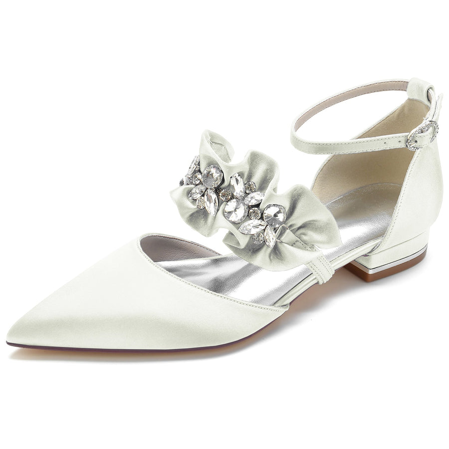 Damen Seidensatin mit Strass Knöchelriemen Geschlossene Zehenpartie Flacher Absatz Partyschuhe