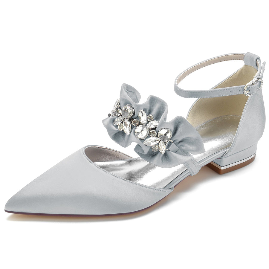 Damen Seidensatin mit Strass Knöchelriemen Geschlossene Zehenpartie Flacher Absatz Partyschuhe