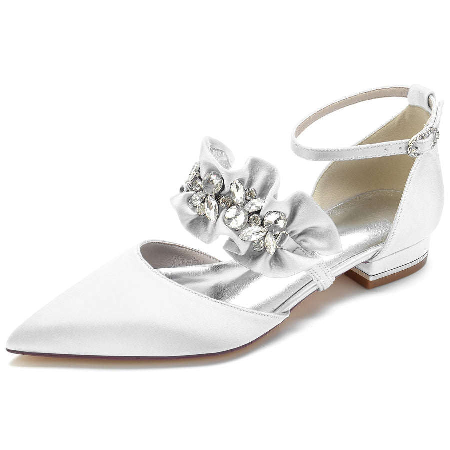 Damen Seidensatin mit Strass Knöchelriemen Geschlossene Zehenpartie Flacher Absatz Partyschuhe