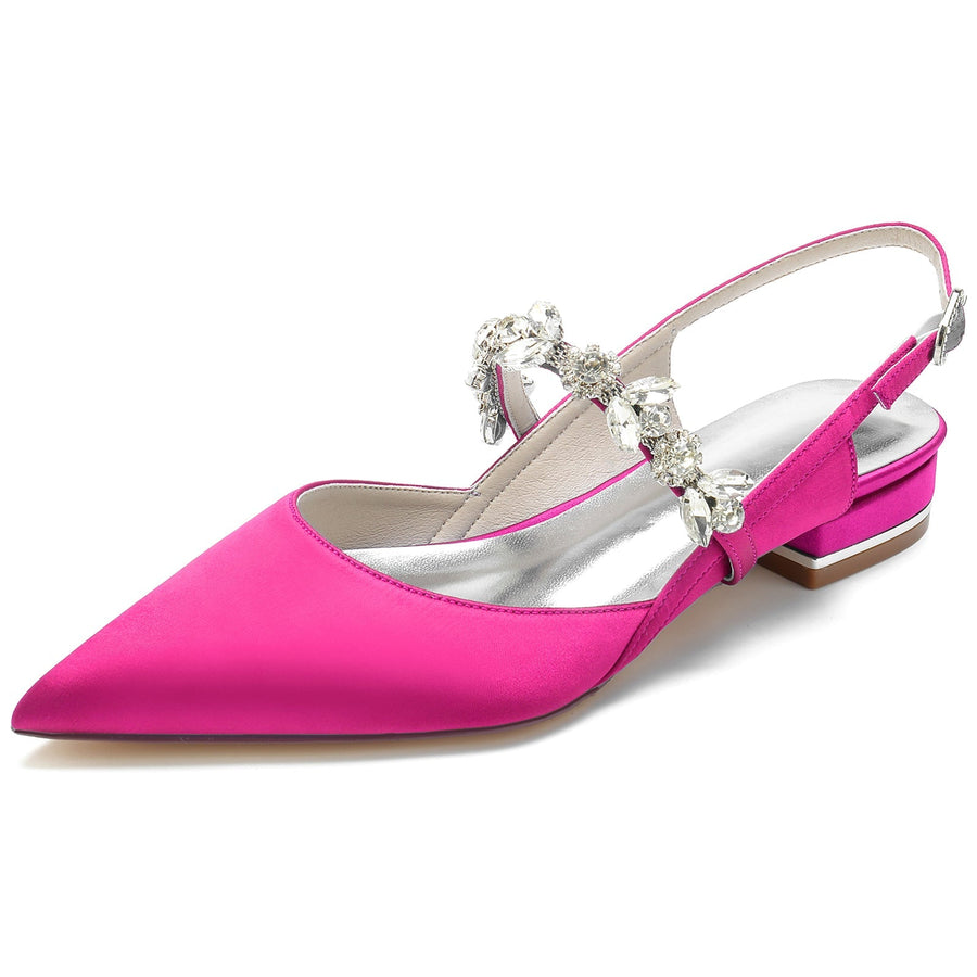 Damen Knöchelriemen Strass Geschlossene Zehen Seidensatin Mit Flachem Absatz Hochzeitsschuhe