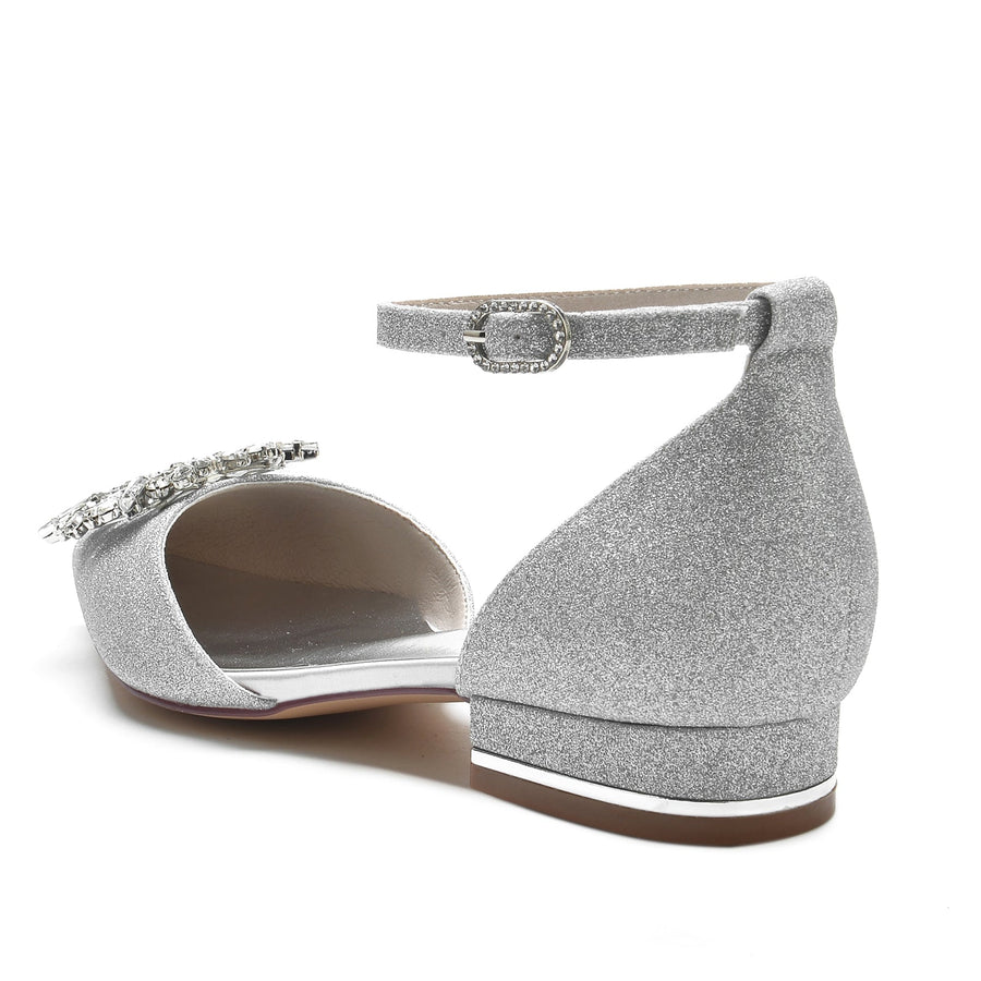 Damen Stretch Glitzer mit Strass Knöchelriemen Geschlossene Zehen Flacher Absatz Abendschuhe