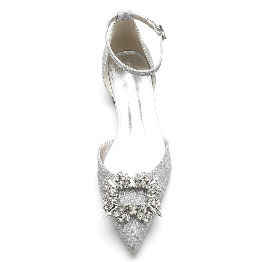 Damen Stretch Glitzer mit Strass Knöchelriemen Geschlossene Zehen Flacher Absatz Abendschuhe