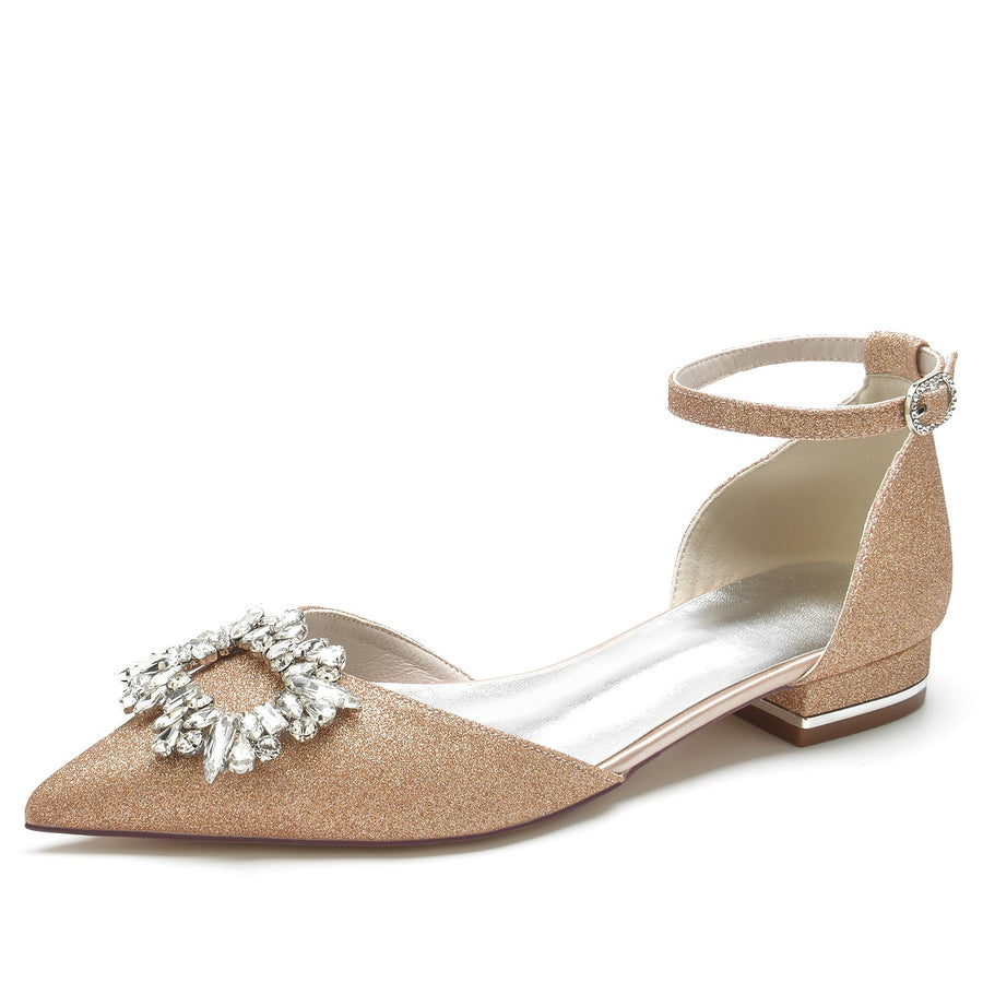 Damen Stretch Glitzer mit Strass Knöchelriemen Geschlossene Zehen Flacher Absatz Abendschuhe