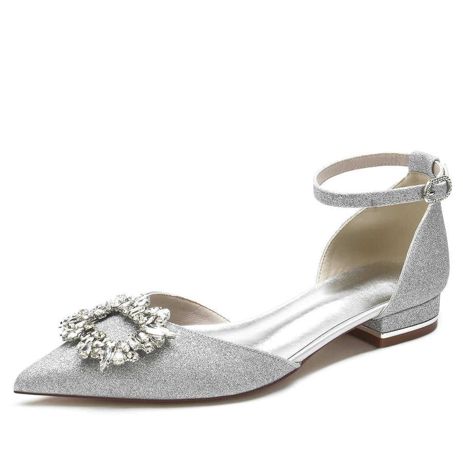 Damen Stretch Glitzer mit Strass Knöchelriemen Geschlossene Zehen Flacher Absatz Abendschuhe