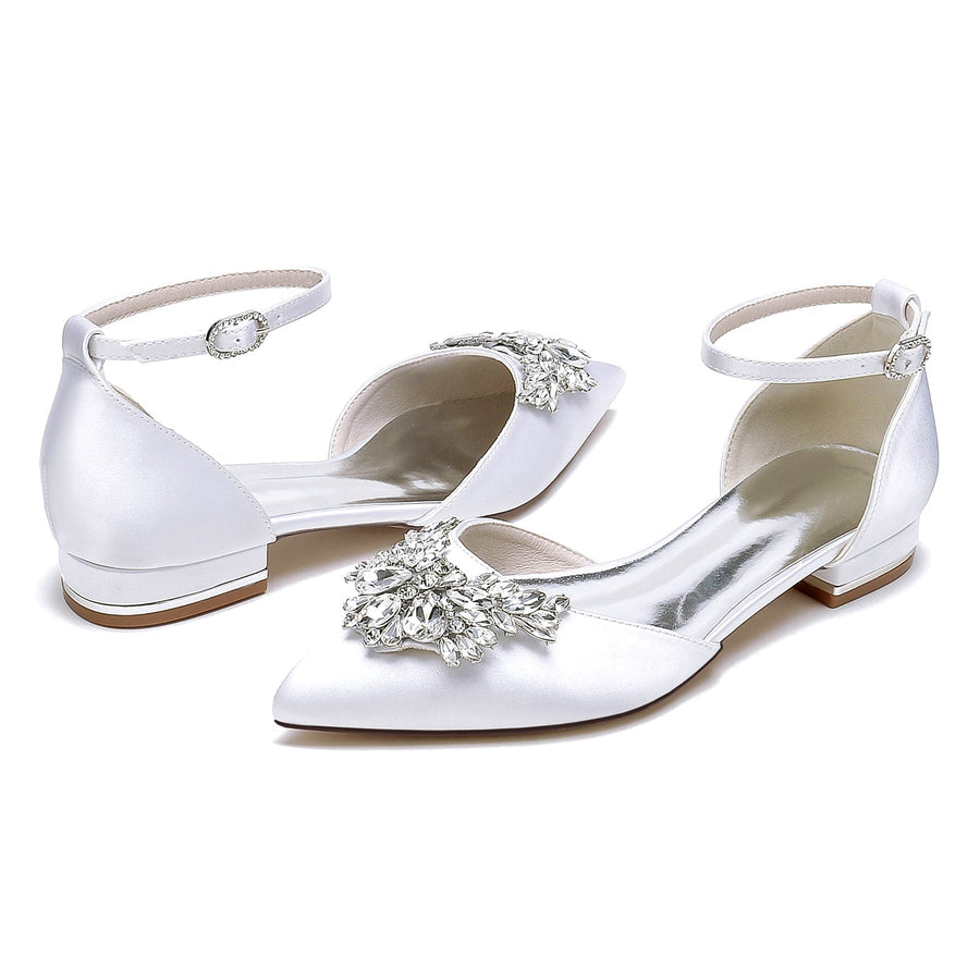 Damen Seidensatin mit Knöchelriemen Strass Geschlossene Zehen Flacher Absatz Abendschuhe