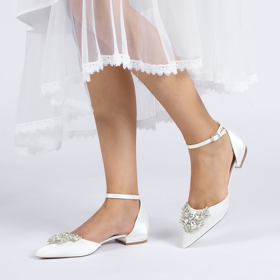 Damen Seidensatin mit Knöchelriemen Strass Geschlossene Zehen Flacher Absatz Abendschuhe