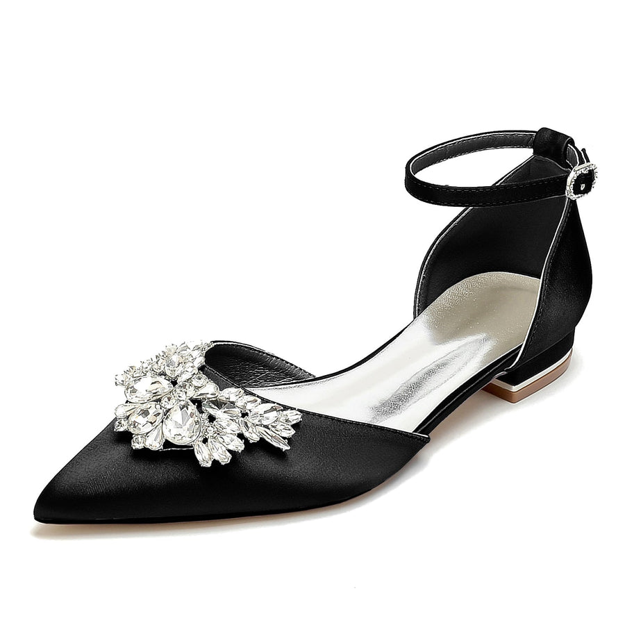 Damen Seidensatin mit Knöchelriemen Strass Geschlossene Zehen Flacher Absatz Abendschuhe