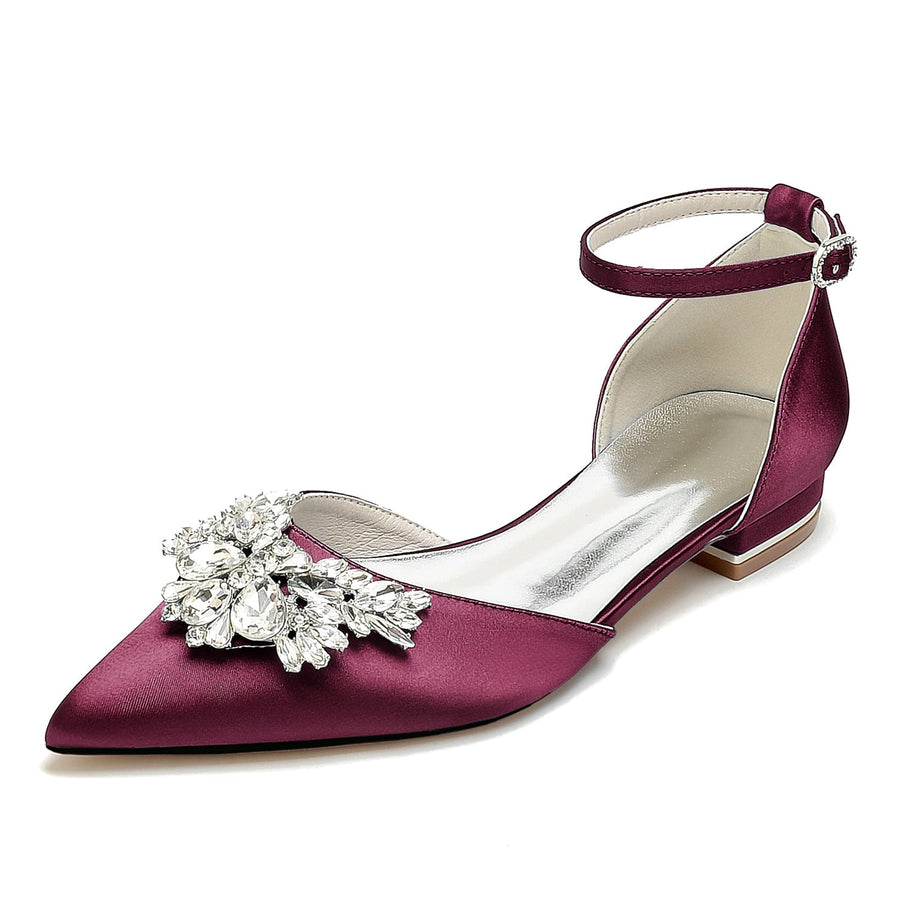 Damen Seidensatin mit Knöchelriemen Strass Geschlossene Zehen Flacher Absatz Abendschuhe