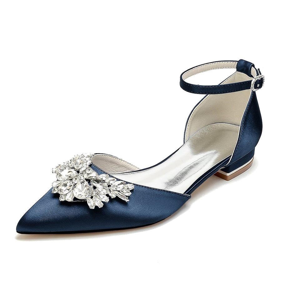 Damen Seidensatin mit Knöchelriemen Strass Geschlossene Zehen Flacher Absatz Abendschuhe