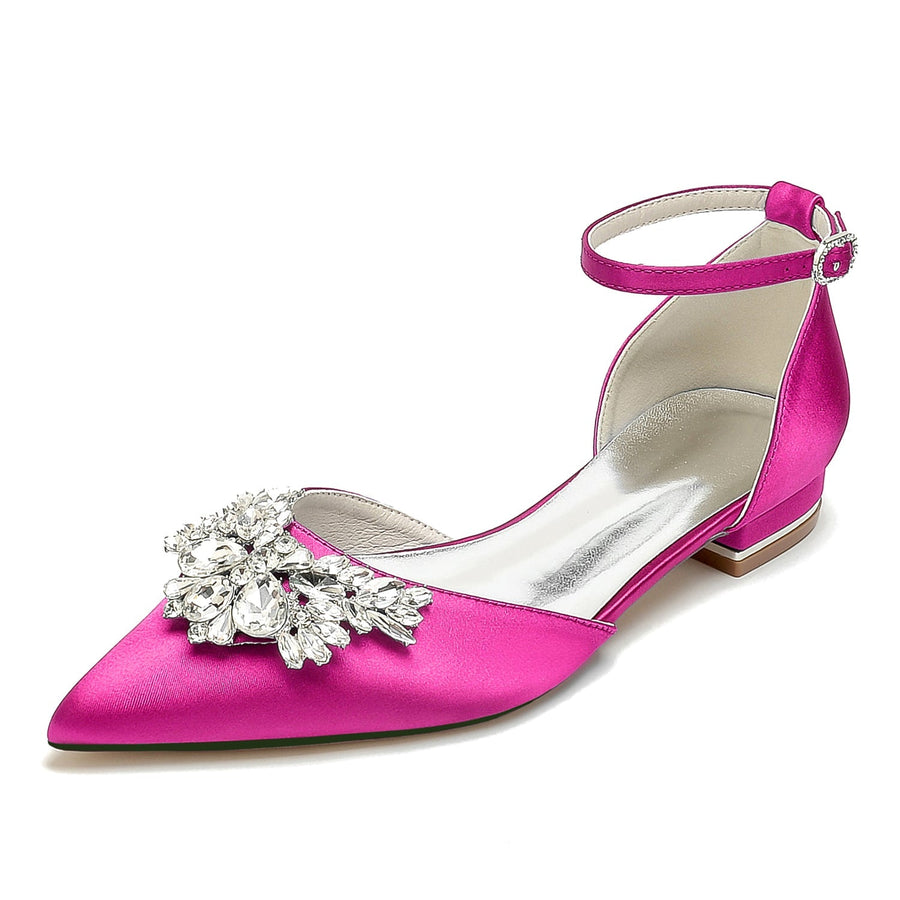 Damen Seidensatin mit Knöchelriemen Strass Geschlossene Zehen Flacher Absatz Abendschuhe