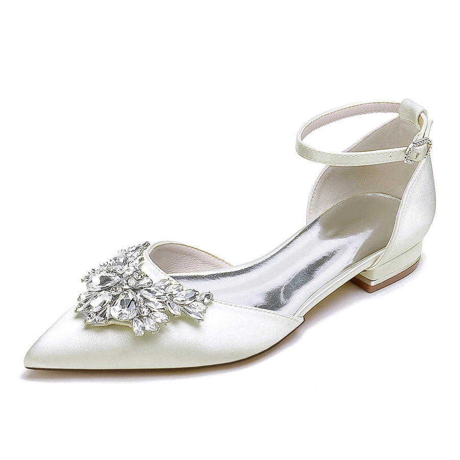 Damen Seidensatin mit Knöchelriemen Strass Geschlossene Zehen Flacher Absatz Abendschuhe
