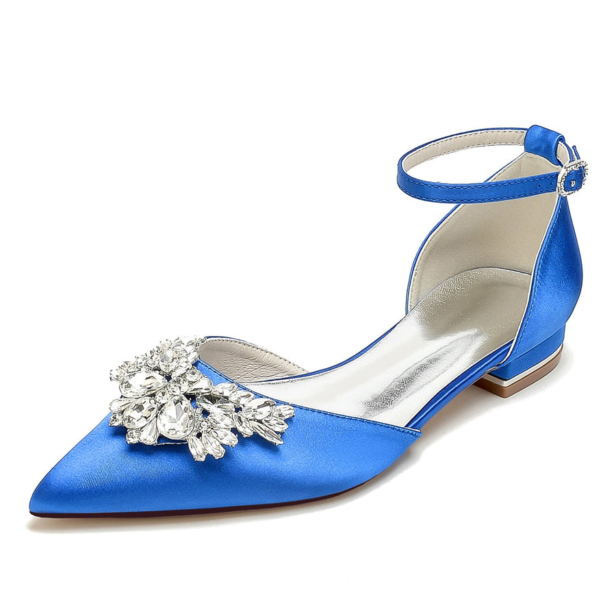 Damen Seidensatin mit Knöchelriemen Strass Geschlossene Zehen Flacher Absatz Abendschuhe