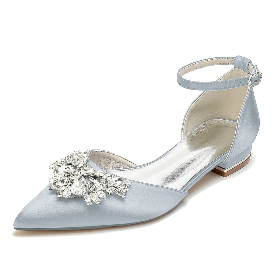 Damen Seidensatin mit Knöchelriemen Strass Geschlossene Zehen Flacher Absatz Abendschuhe