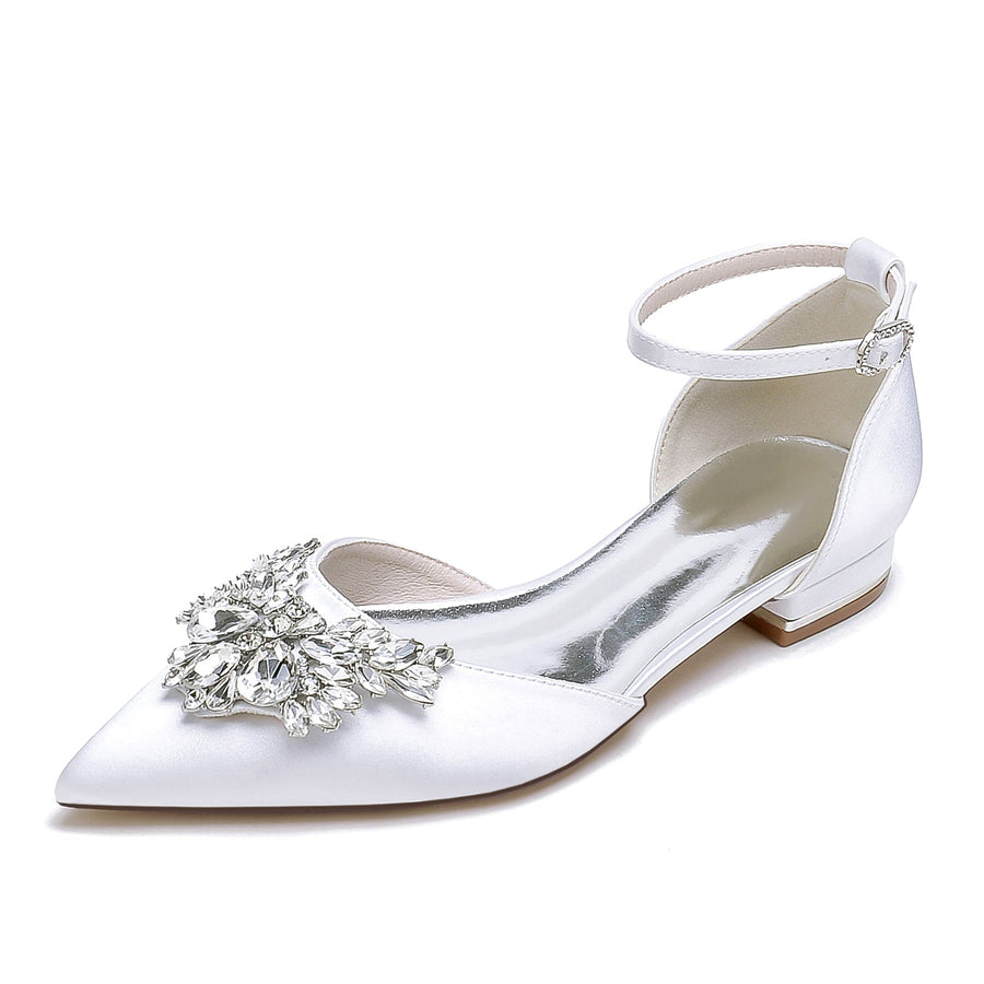 Damen Seidensatin mit Knöchelriemen Strass Geschlossene Zehen Flacher Absatz Abendschuhe