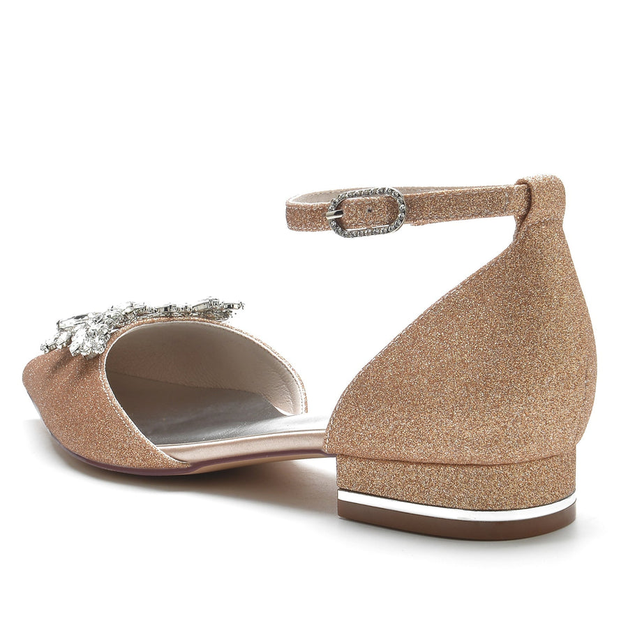 Damen Stretch Glitzer Mit Knöchelriemen Strass Geschlossene Zehen Flacher Absatz Abendschuhe