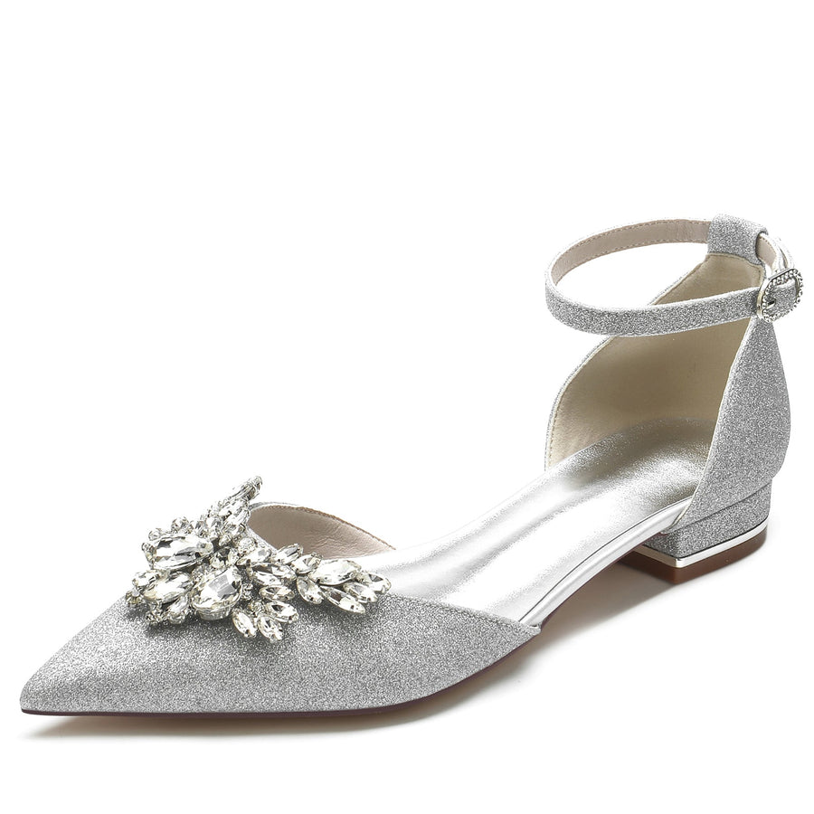 Damen Stretch Glitzer Mit Knöchelriemen Strass Geschlossene Zehen Flacher Absatz Abendschuhe