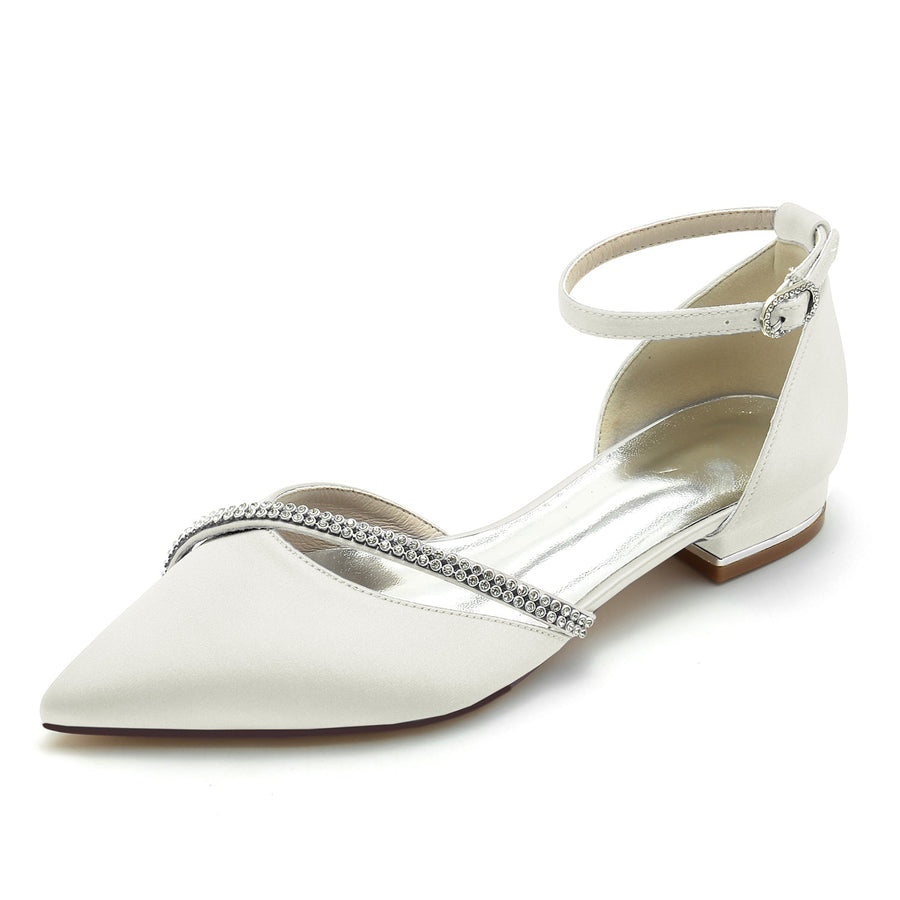 Damen Knöchelriemen Seidensatin mit Strass Geschlossene Zehenpartie Flacher Absatz Partyschuhe