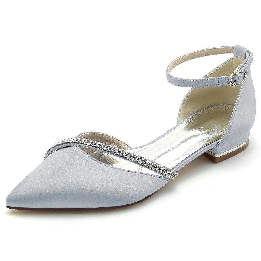 Damen Knöchelriemen Seidensatin mit Strass Geschlossene Zehenpartie Flacher Absatz Partyschuhe