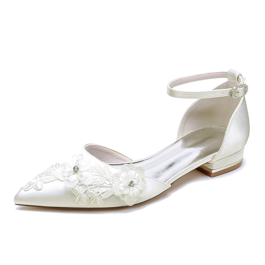 Damen Seidensatin mit Knöchelriemen Blume Geschlossene Zehen Flacher Absatz Hochzeitsschuhe