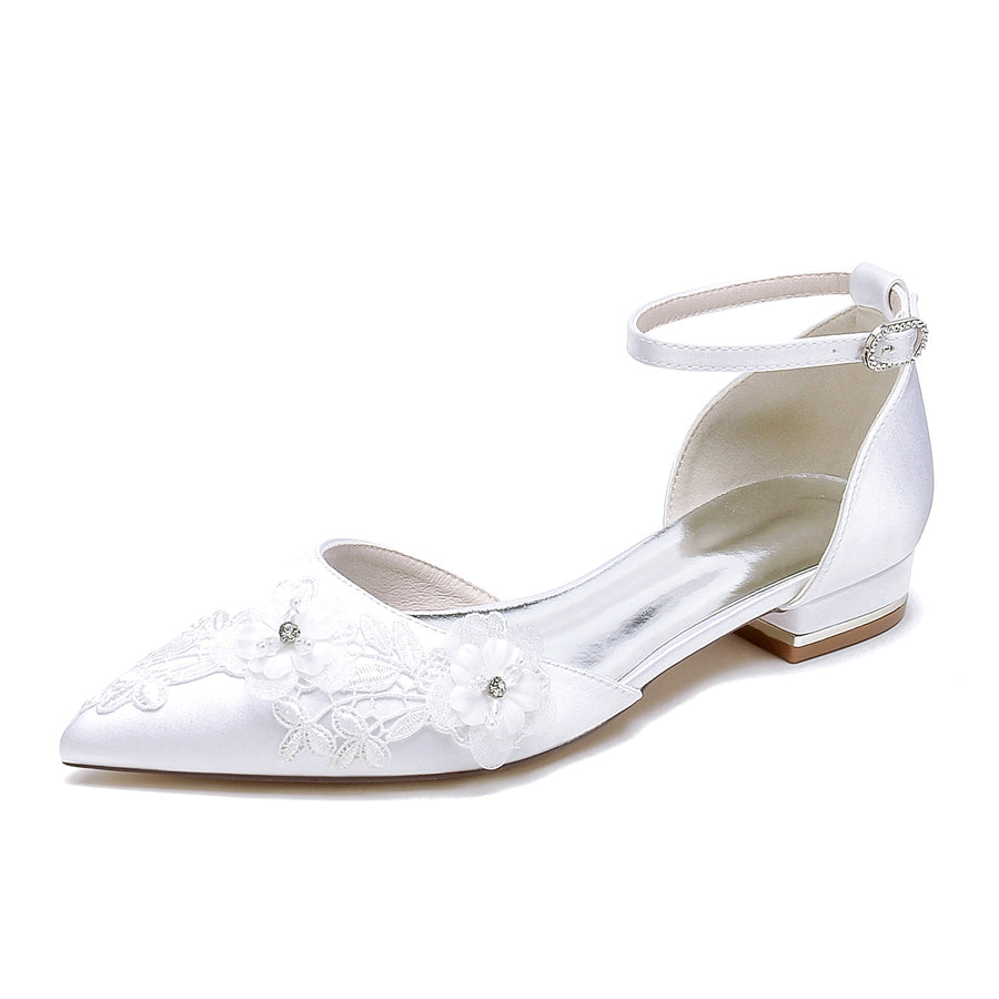 Damen Seidensatin mit Knöchelriemen Blume Geschlossene Zehen Flacher Absatz Hochzeitsschuhe